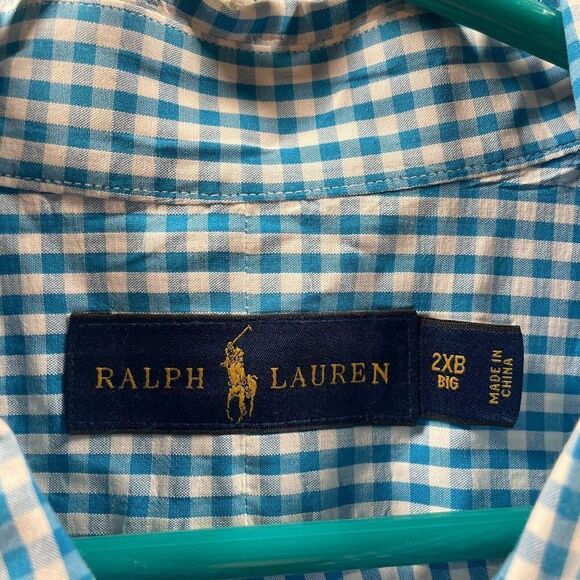 Ralph Lauren Shirt Adult 2XB Blue White Check Cotton Button Up Yellow Pony Logo - Picture 8 of 13